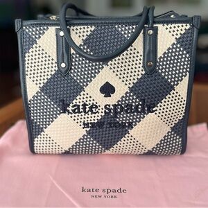 Kate Spade Ella Gingham Blue Woven Straw Shoulder Tote